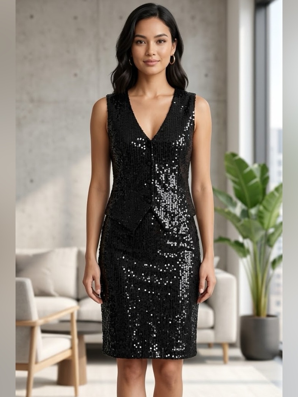 Vintage Cee Cee/Tina Black Sequin Silk Vest & Skirt Set Size L/M